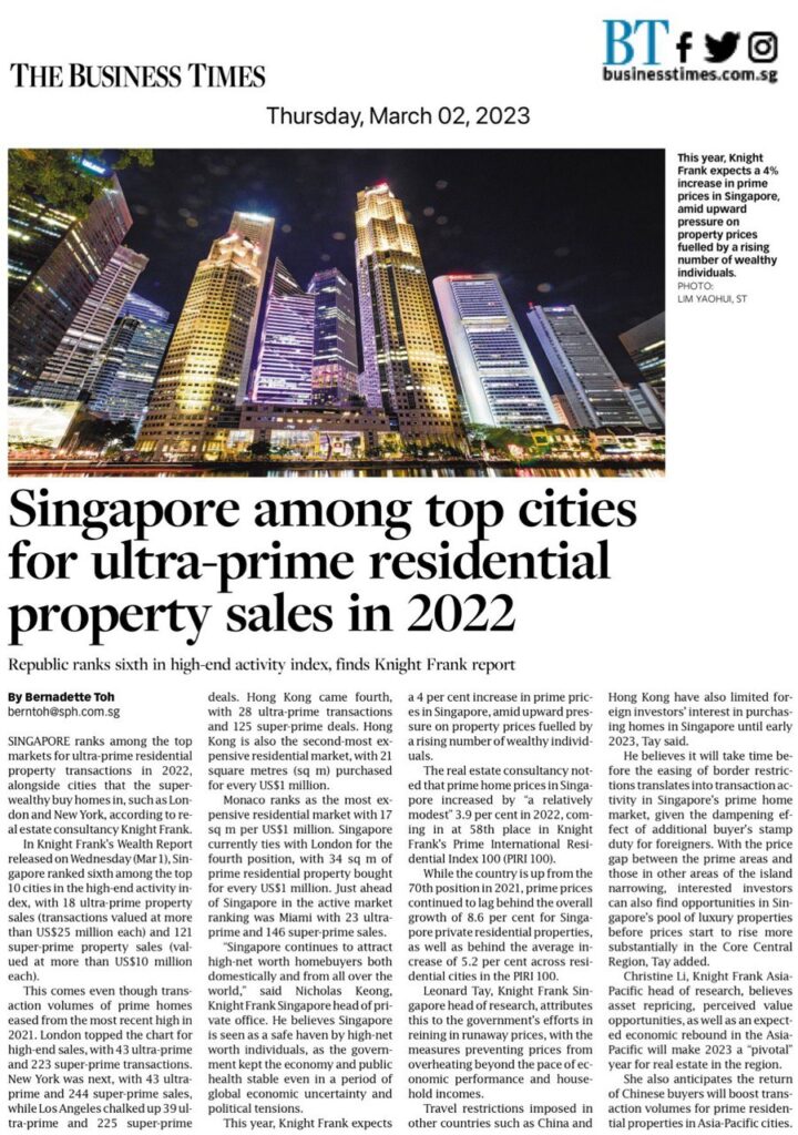 Singapore among top cities for ultra-prime residential property sales in 2022: Knight Frank